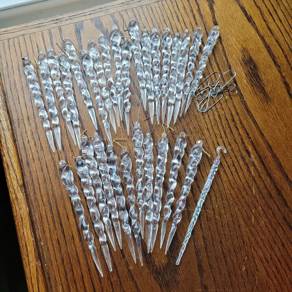 Clear Acrylic Lucite Icicle 5.25" Christmas Ornaments Vintage Lot of 30 Bubbles
